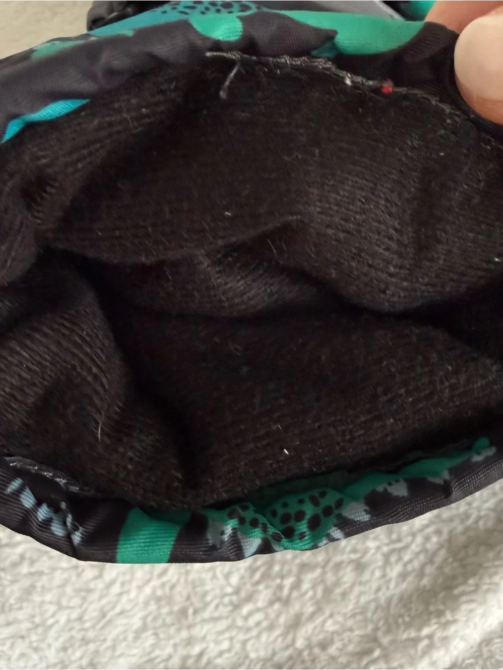 Amazon Kids Black Mittens with Teal & Red Dinosaur Print